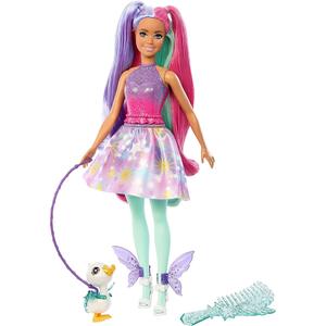 Mattel - Muñeca con pelo bicolor, look fantasía, mascota, peine y accesorios ㅤ