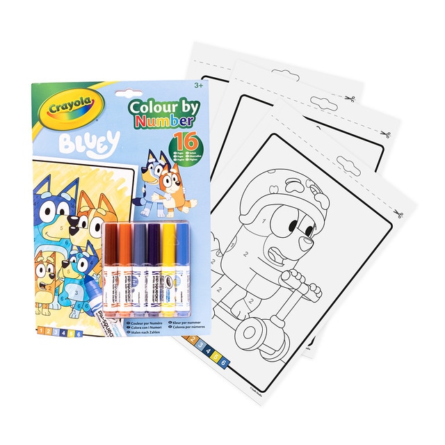 Crayola - Libro Actividades y Colorear por Números Bluey con 6 rotuladores Crayola.