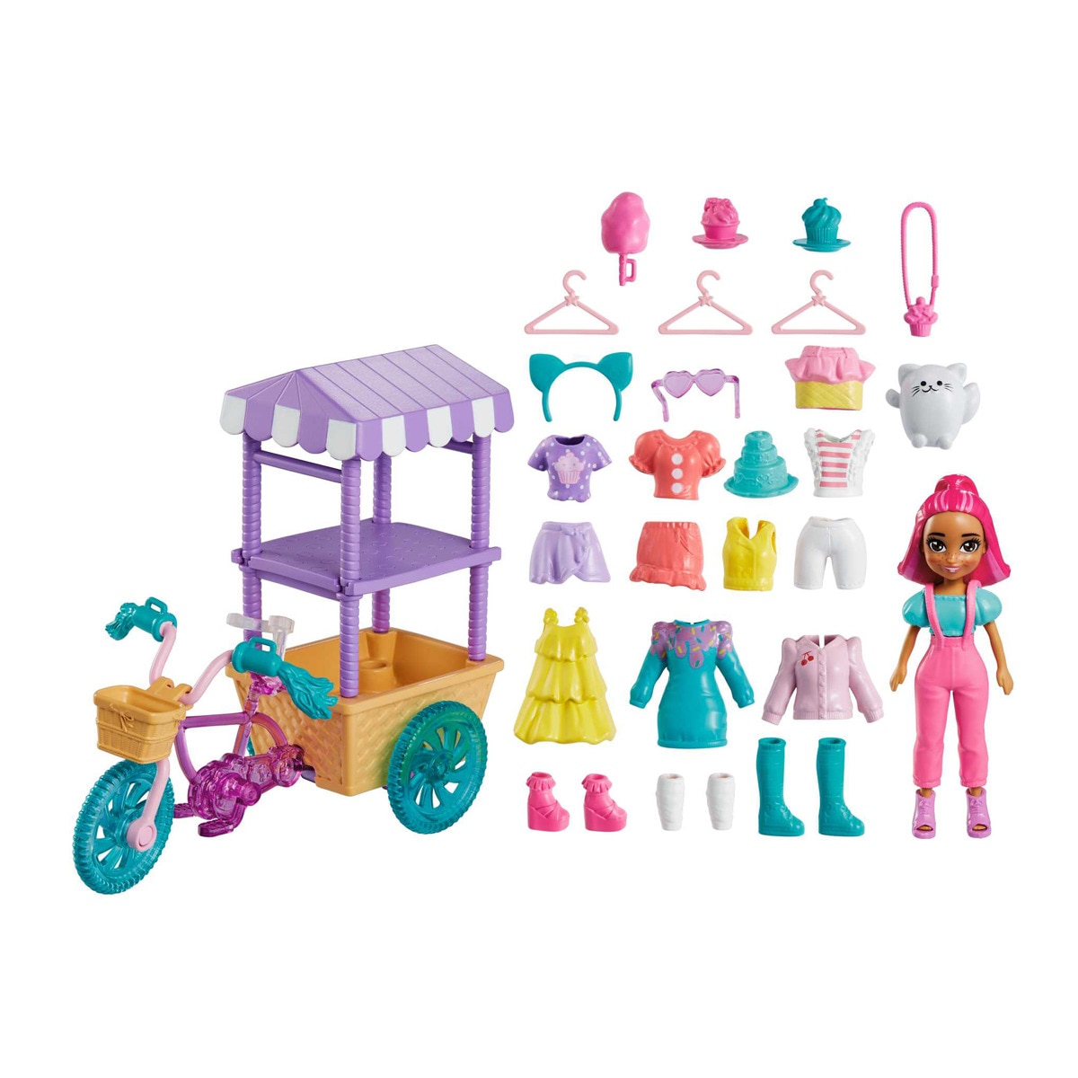 Polly Pocket - Carrito Con Bicicleta Dulces Sorpresas Muñeca Con Ropa Y +25 Accesorios