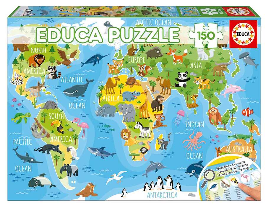 Puzzle Educa Mapamundi animales con lámina 150 piezas