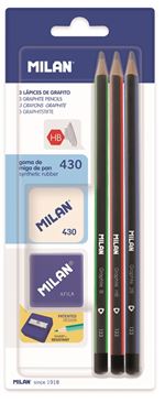 Blíster Milan  3 lápices de grafito triang. + sacapuntas Afila + goma 430  NUEVO DISEÑO