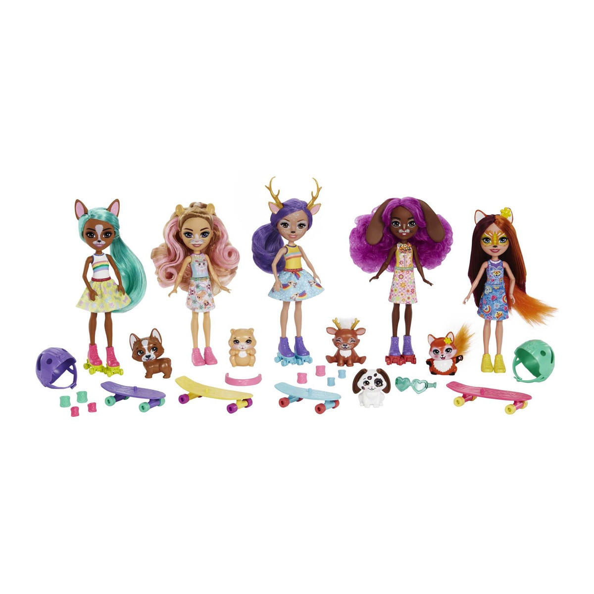 Enchantimals - City Tails Pack 5 Muñecas Skate Danessa Deer, Harmony Hamster, Barley Bunny, Felicity Fox Y Cleo Corgi Con Mascotas, Ropa Deportiva