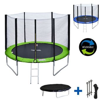 Cama Elástica De 305cm Reversible Verde/azul, Pack Trampolín Adelaïde + Red De Seguridad + Escalera + Lona + Kit De Anclaje.