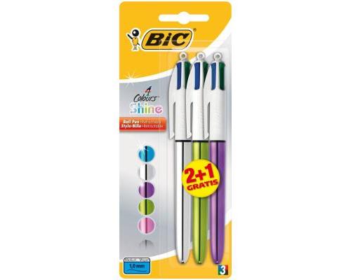 Set 3 bolígrafos BIC de 4 colores Shine punta media