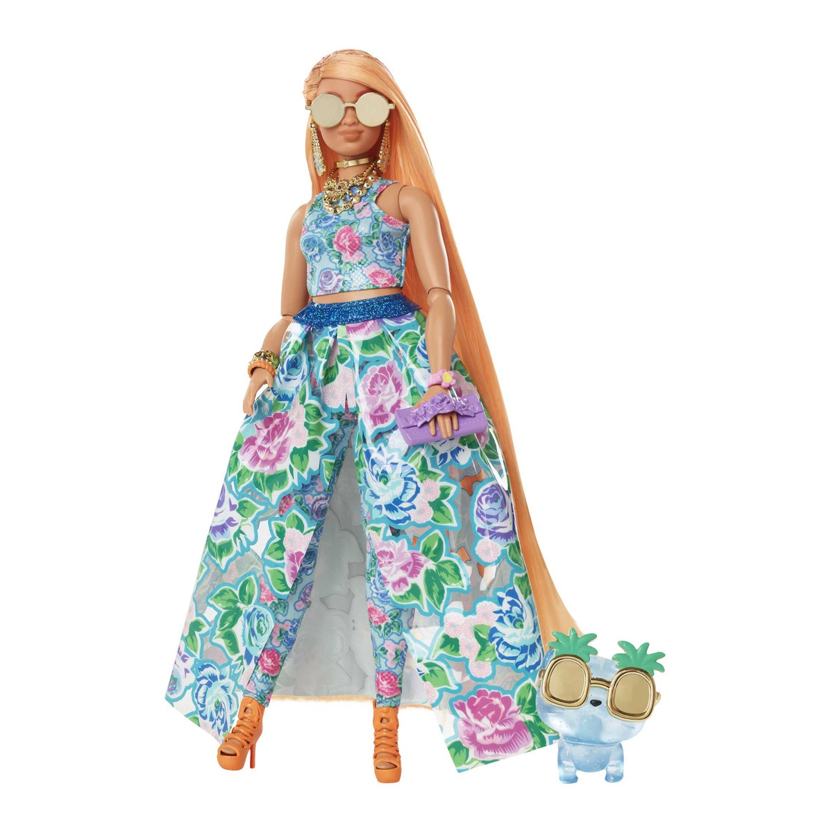 Barbie - Extra Fancy Look Floral Muñeca Rubia Con Falda Y Top De Flores, Bata, Gatito Y Accesorios De Moda (Mattel HHN14)
