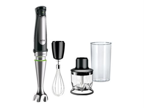 Batidora de mano - Braun Minipimer 7 MQ7025X, 1000 W, 0.6 l, ActiveBlade, SplashControl, 3 accesorios, Picadora, Negro/Acero