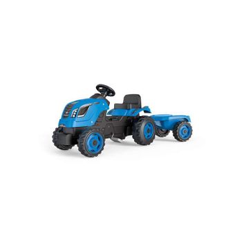 Smoby- Tractor Infantil Con Pedales Farmer Xl Azul, Muy Resistente Con Remolque