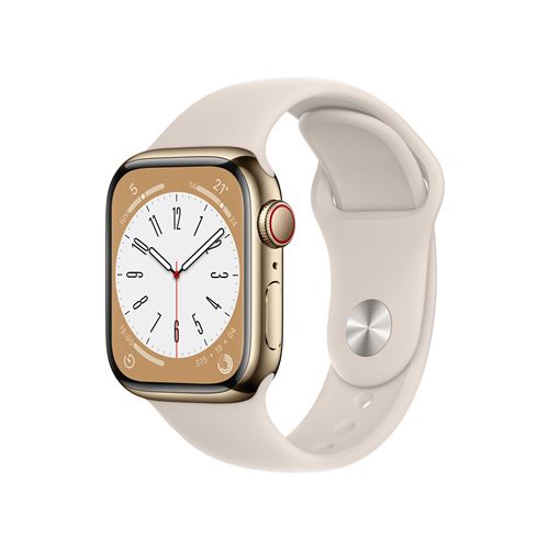 Apple Watch S8 41mm LTE Caja de acero inoxidable Oro y correa deportiva Blanco estrella