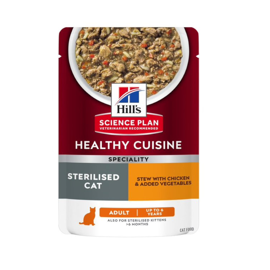 Hill’s Science Plan Healthy Cuisine Sterilised Pollo y Verduras sobre para gatos