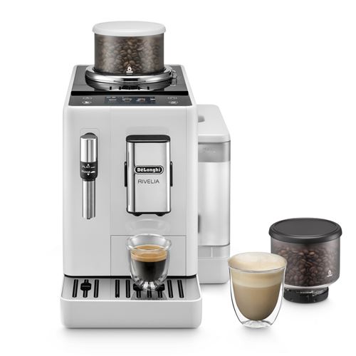 Cafetera superautomática - De'Longhi Rivelia EXAM440.35.W, Molinillo integrado, 2 depósitos de café, Espumador, 8 recetas, 19 bar, 1450 W, Blanco